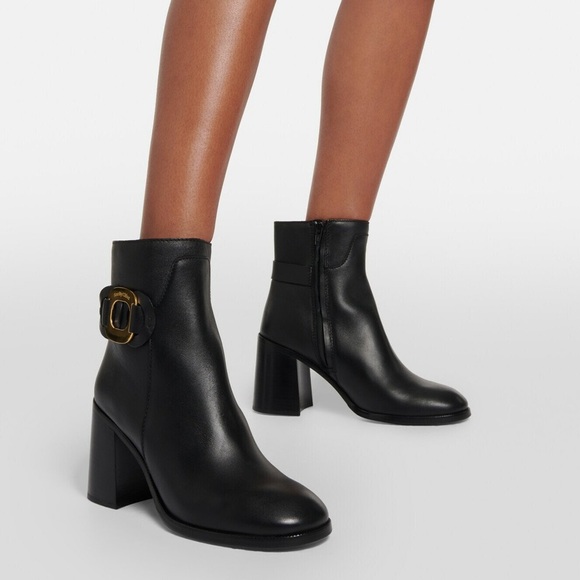 SEE BY CHLOE Chany Gold Buckle Black Leather Heeled Ankle Boots Booties Shoes - Picture 2 of 16